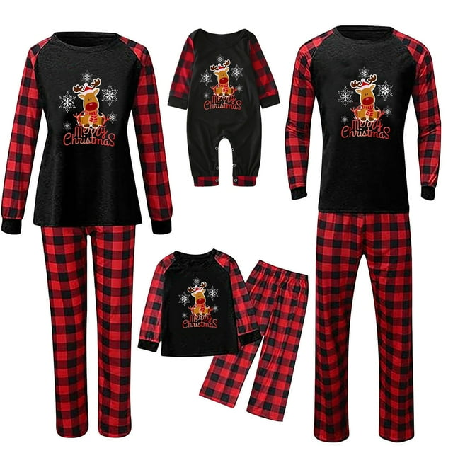 Penkiiy Pyjamas de Noël pour la Famille Ensemble de Pyjamas Assortis, Pyjamas de Noël à Carreaux Rouges avec Rennes pour Femmes Hommes Enfants Noir 2 Ans