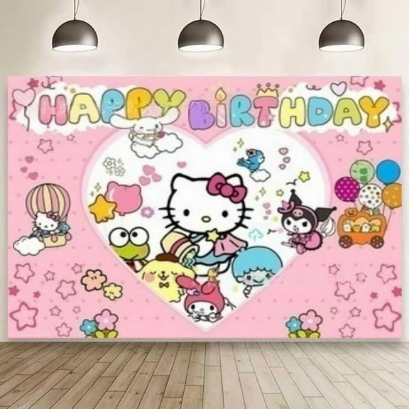 Hello Kitty Happy Birthday Anime Cartoon Theme Backdrops Banner Birthday Party Decor Supplies(5x3ft)