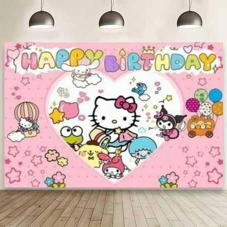 Hello Kitty Happy Birthday Anime Cartoon Theme Backdrops Banner Birthday Party Decor Supplies(5x3ft)