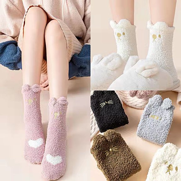 Visland 1 Pair Women Thermal Floor Socks Cute Pattern Elastic Thicken Coral Fleece Mid Socks Girls Indoor Floor Stockings for Home