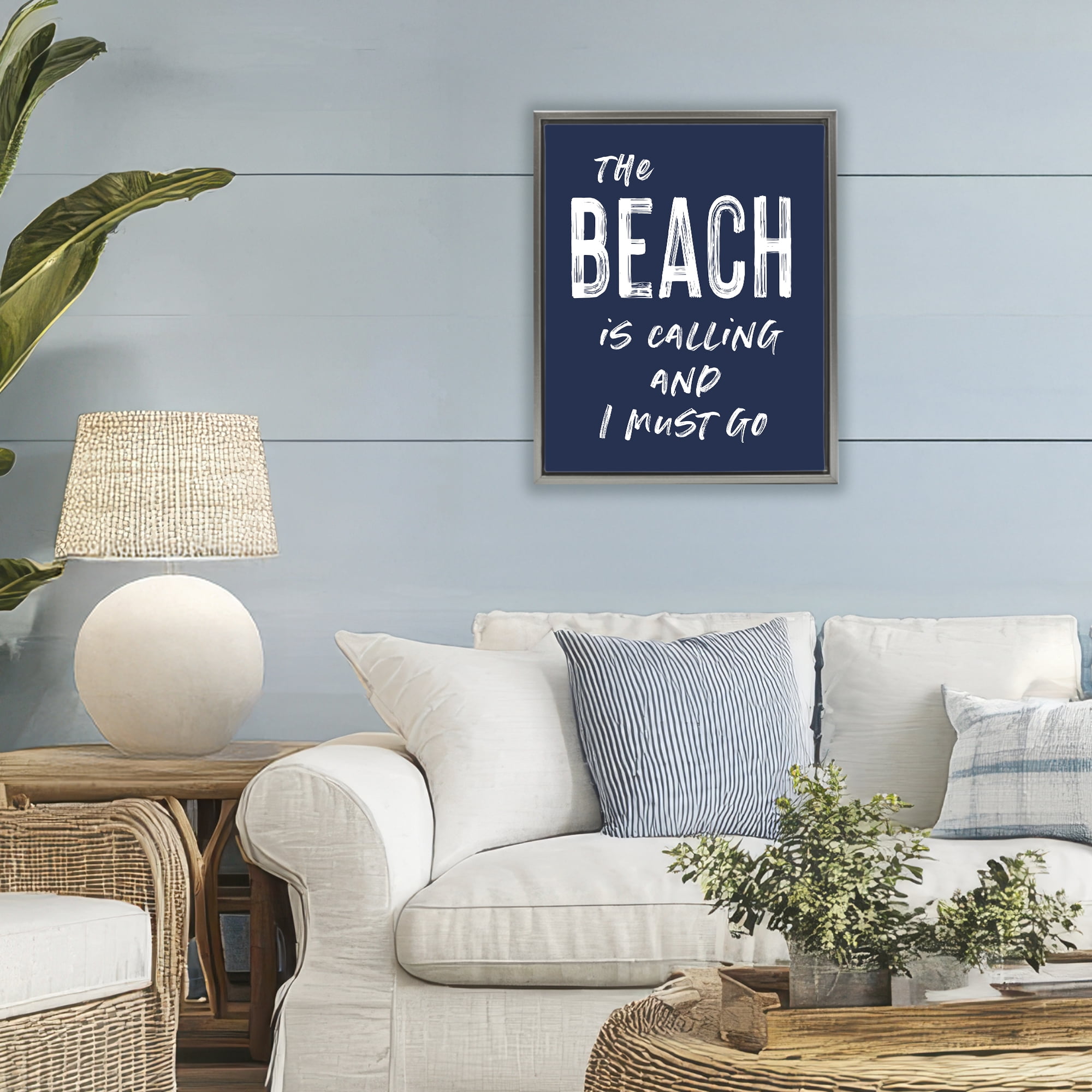 Beach Is Calling Summer Sentiment Gray Framed Floater Canvas Wall Art, design by Lettered and Lined