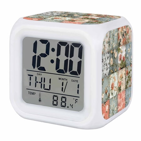 Elegant Spring Floral Digital Alarm Clock for Bedrooms,Smart LED Alarm Clock with 7 Color Changing Night Light,Farmhouse Summer Botanical Plaid Silent Wake Up Clocks for Sleep Study Cooking 3.2x3.2