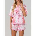 thumbnail image 4 of Honganda Women's 2 Piece Lounge Set, Ric Rac Short Sleeve Button Down Tops Drawstring Shorts Pajama Set, 4 of 9