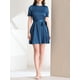 thumbnail image 5 of INSPIRE CHIC Women's Ruffle Neck Stand Collar Tie Waist Satin Puff Short Sleeve Dresses Blue L, 5 of 6