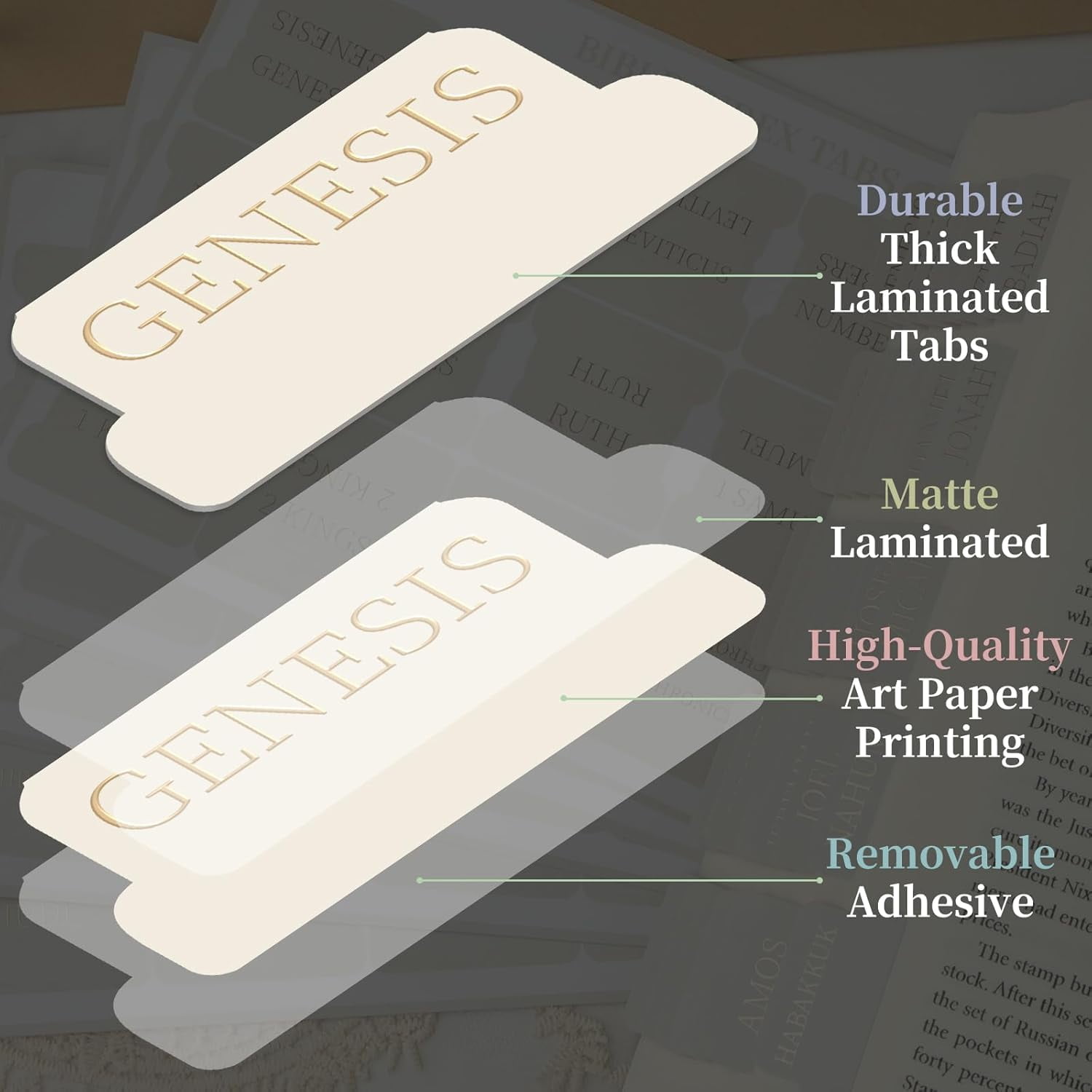 Bible Tabs for Women and Men, 75 Laminated Index Tabs with Embossed Gold Foil Lettering, Durable Neutral Bible Study Tabs for Easy Navigation, Bible Journaling Supplies