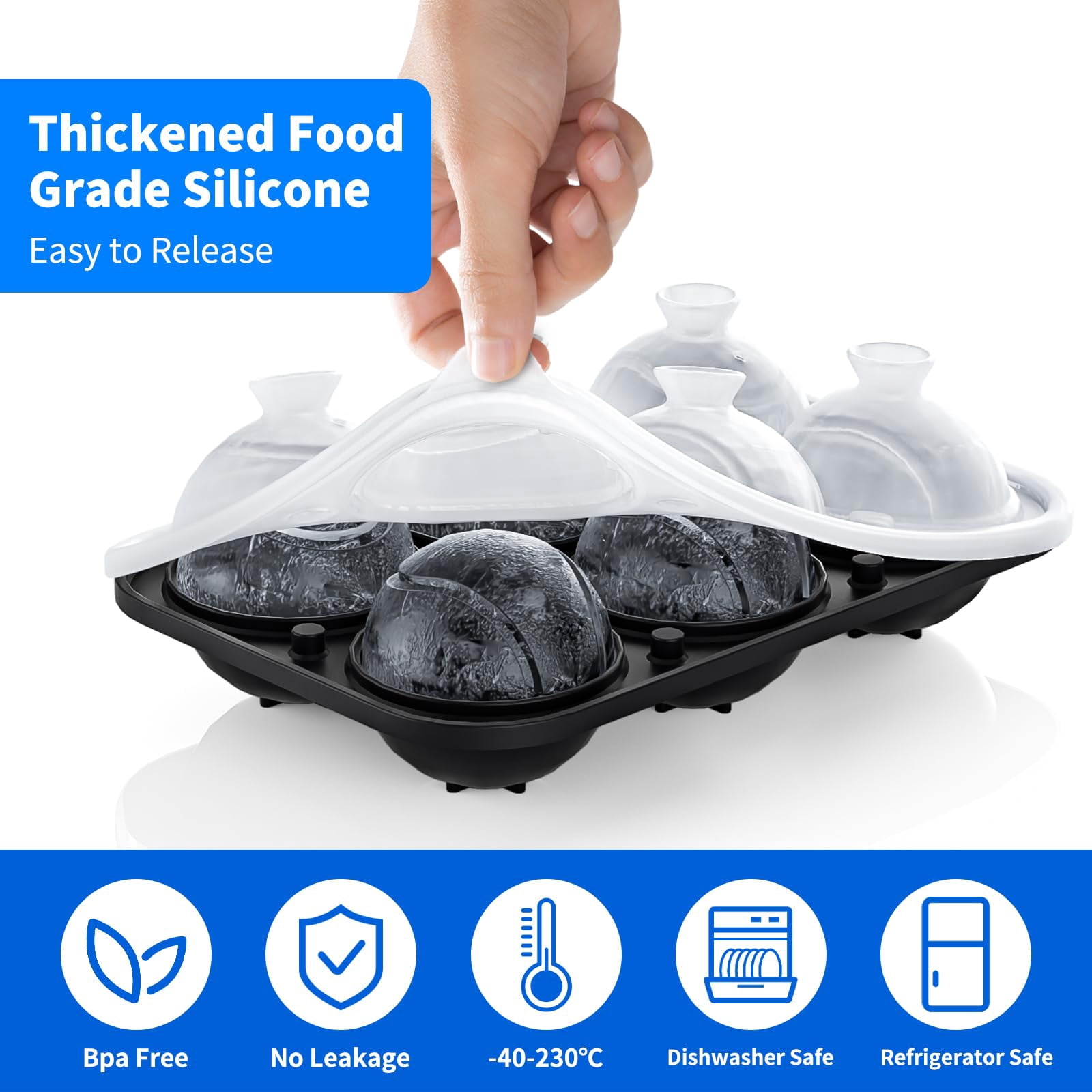 6 Chamber 2.2" 3d Tennis Gifts Ice Cube Tray With Funnel Large Round Ball Maker Mold Silicone Fun Shapes Sphere Molds For Chilling Brandy And Beverages