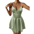 thumbnail image 3 of Women Spaghetti Strap Satin Dress Sleeveless Low Cut Backless Short Romper Dress Party Jumpsuit Yellow-Green L, 3 of 9