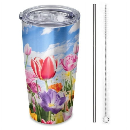 

vibrant floral backdrop featuring array of colorful tulips Insulated Travel Tumbler 20 oz Car Cup with Reusable Straw & Brush Hot & Cold Beverage Cup for Office/Outdoor