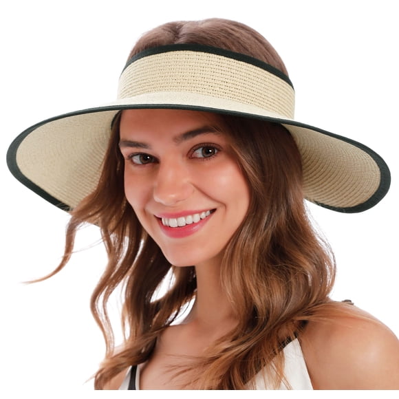 Visera solar de paja con ala ancha y plegable de Hat Simplicity, color beige