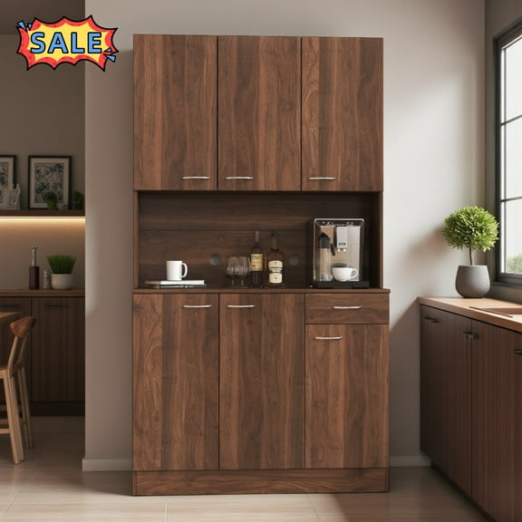Tcbosik Kitchen Cabinet with Microwave Stand, 70.8" Pantry Cabinet with Drawer and 6 Doors, Floor Storage Cabinet with Shelves for Home Office, Walnut
