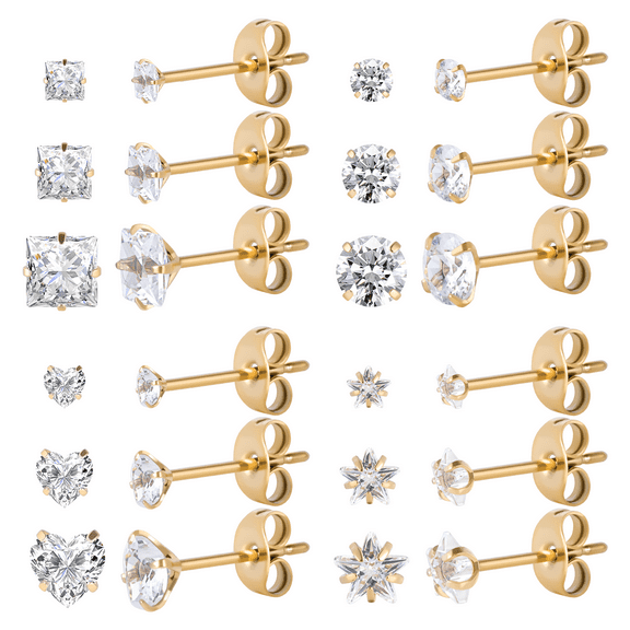 JUSTJANDM 12 Pairs Surgical Stainless Steel Screw back Stud Earrings, 18K Gold Black Plated Star Heart Square Princess Cut Round Cubic Zirconia CZ Stud Earrings Set