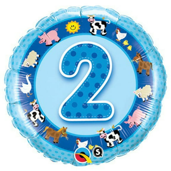 18 inch Age 2 Blue Farm Animals Foil Mylar Balloon - Party Supplies Decorations