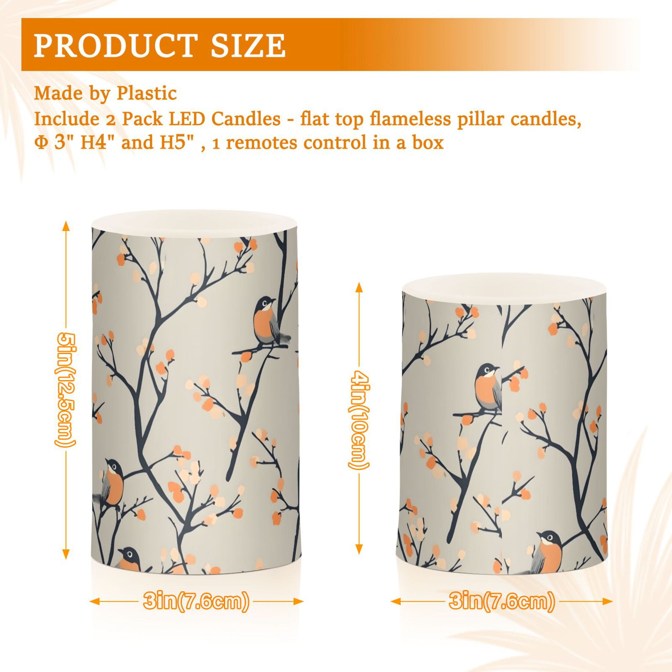 Birds on Branches Pattern Flameless LED Candle Set with Remote, Battery Operated Color Changing Pillar Candles, Set of 2