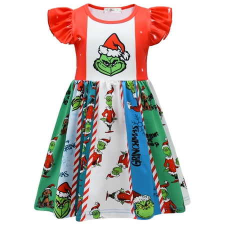 

2-8T Girls Flutter Sleeve Grinch Cartoon Dress Princess Party Casual Dress