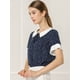 thumbnail image 2 of Blusa de lunares de manga corta con cuello Peter Pan en contraste vintage para mujer Azul marino XL, 2 of 6