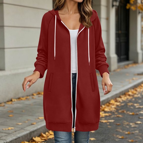 Women's Zip‑Up Hooded Long Cardigan, Drawstring‑Adjustable Hood, Full‑Zip and Side‑Slit Pockets, Ribbed Sleeve Cuffs, Loose‑Fit Neighborhood‑Walk Outerwear Red XL