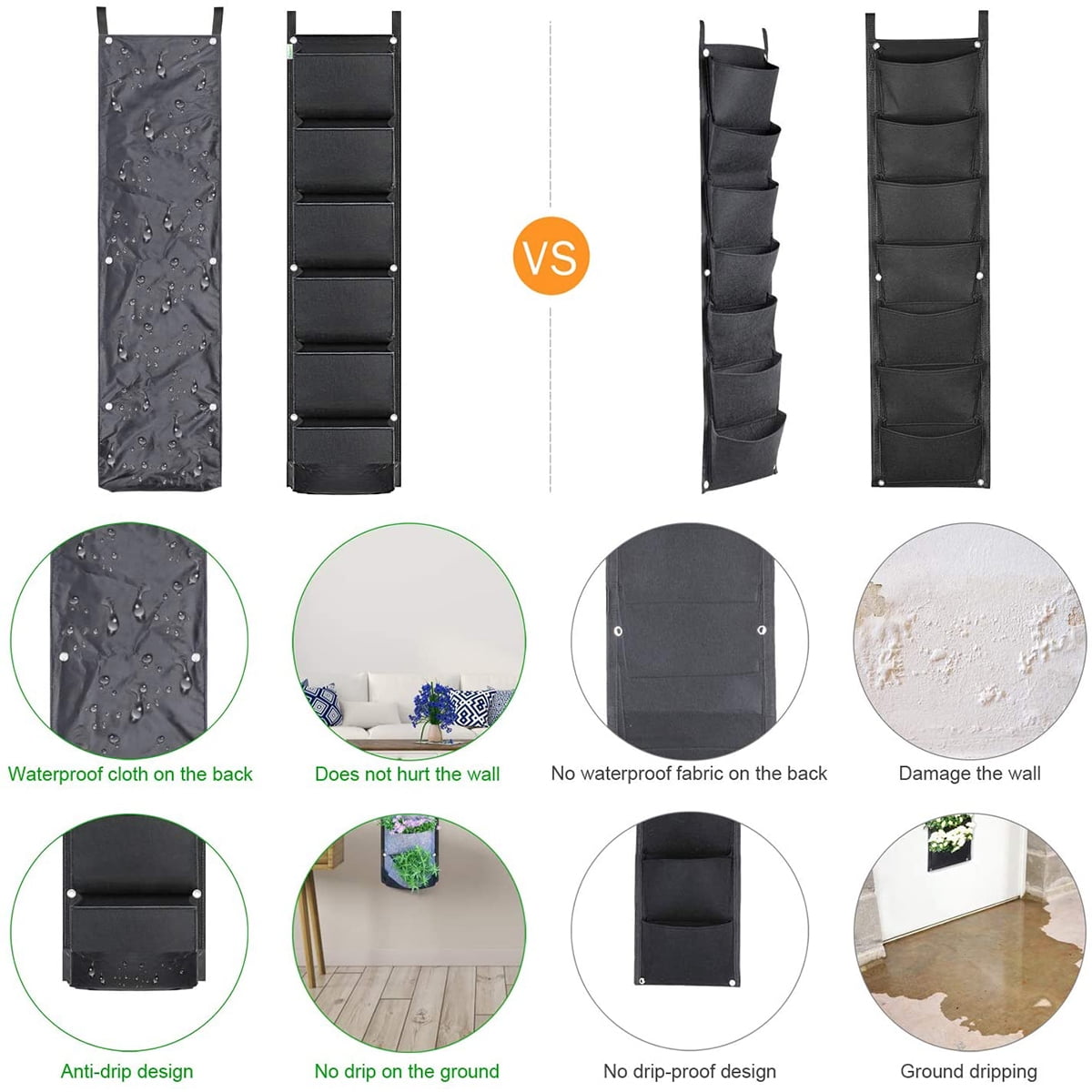 Kepooman Vertical Waterproof Hanging Garden Planter with 6 Felt Pockets, Black Kepooman Vertical Waterproof Hanging Garden Planter with 6 Felt Pockets, Black