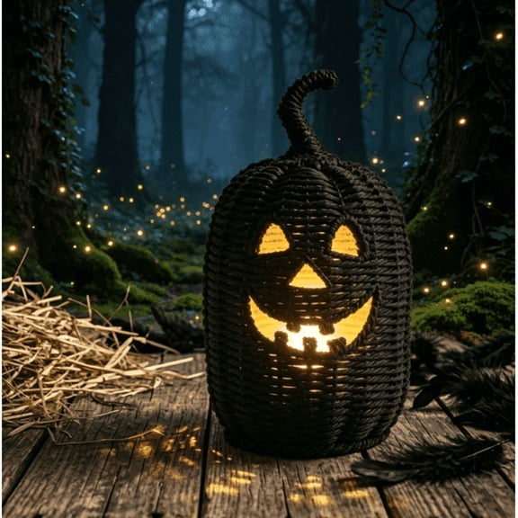 2026 Black Halloween Woven Pumpkin Jack-O'-Lantern, Halloween Decorations Pumpkin, USE LED Candle, Rattan Fall Halloween Decor for Home