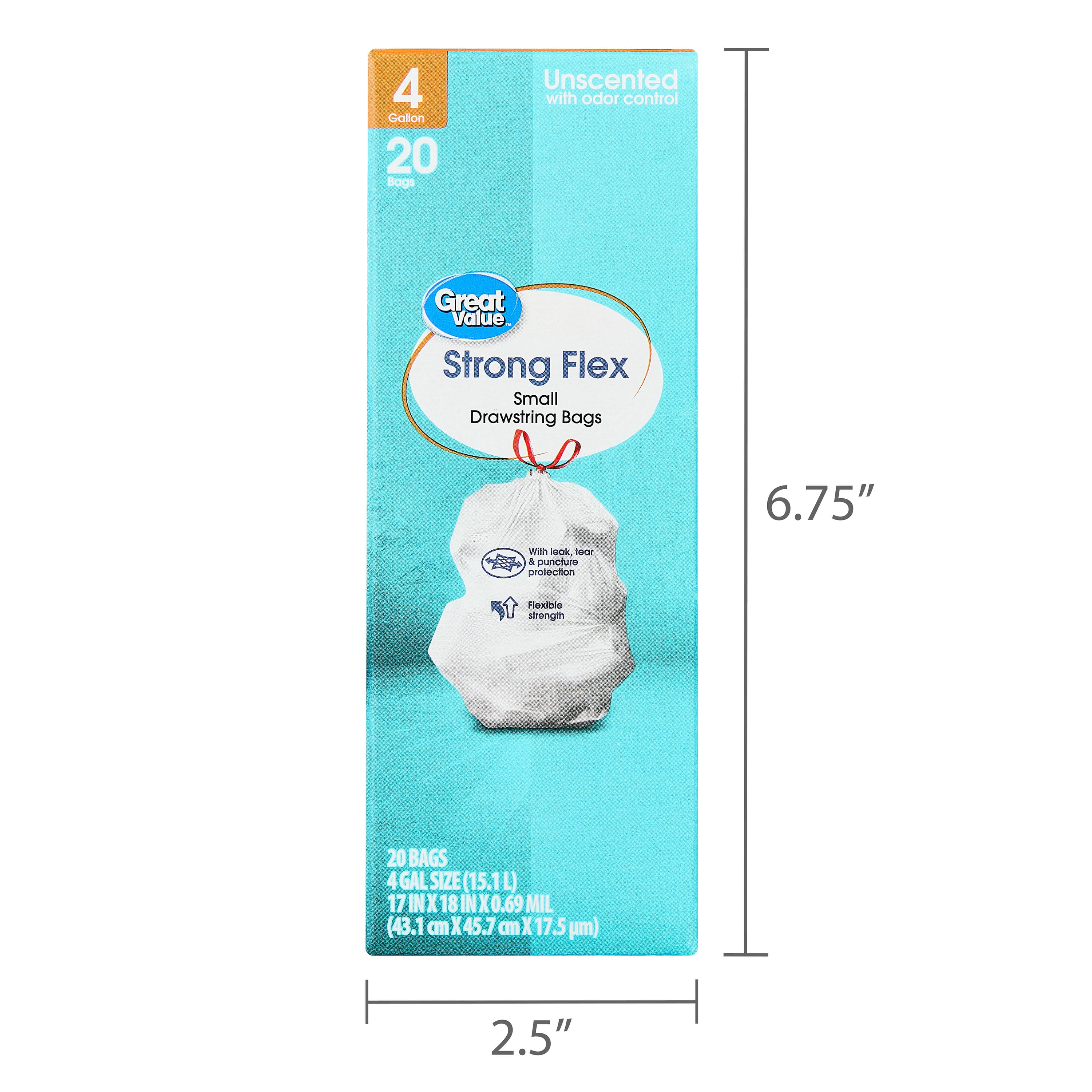Great Value 4 Gallon Strong Flex Small Drawstring Trash Bags, 20 Bags