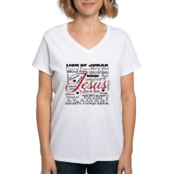 CafePress - The Name Of Jesus Women's V Neck T Shirt - Womens Cotton V-Neck T-shirt