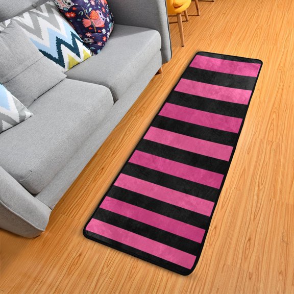 Black Pinkish Narrow Stripes Long Floor Mat Runner Rug Area Mat Noise Reduction Water Absorbent Non-Slip 72" x 24"