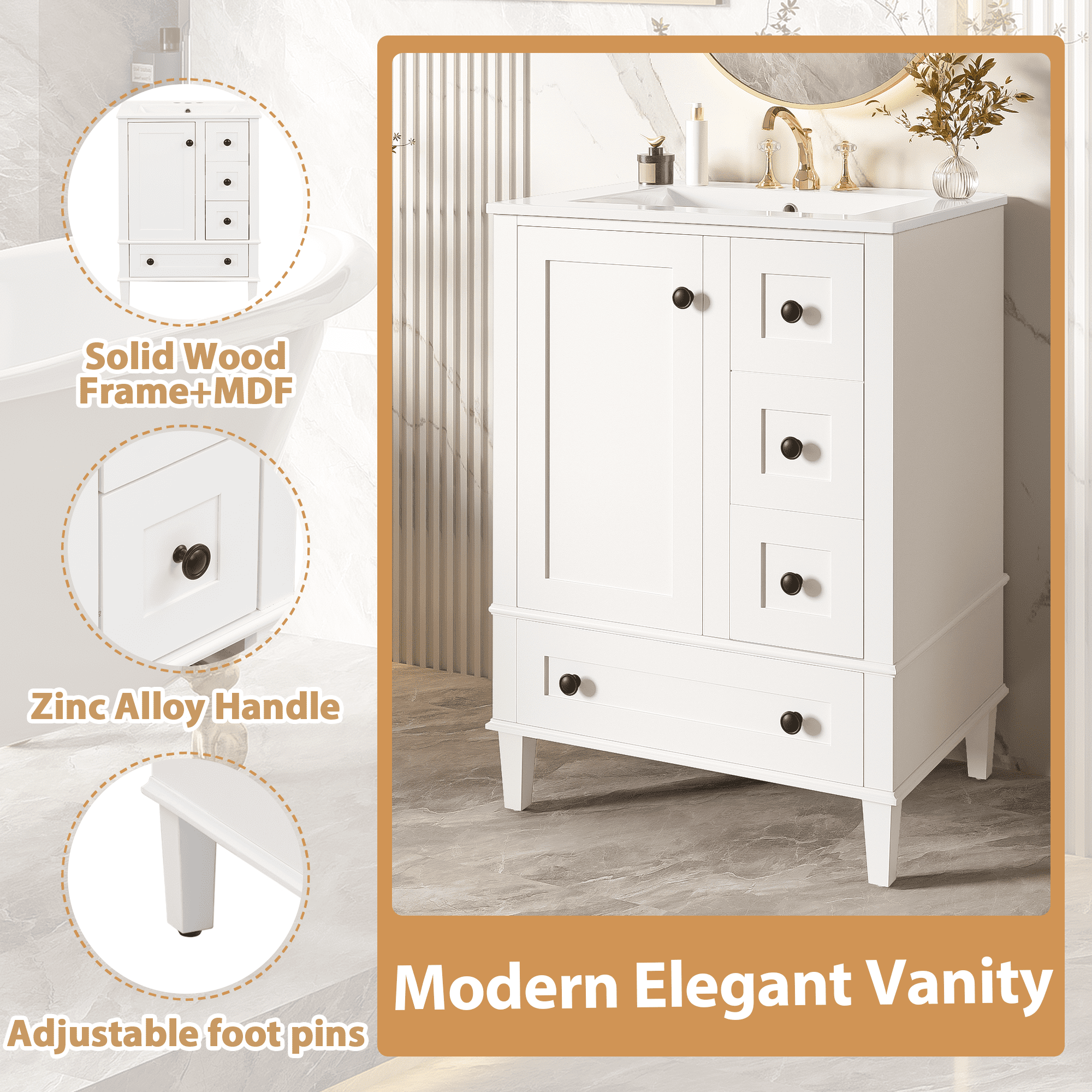 Euroco 24-inch white bathroom vanity with an integrated ceramic basin, featuring a door-mounted double-layer shelf, soft-close drawers, and a soft-close cabinet door