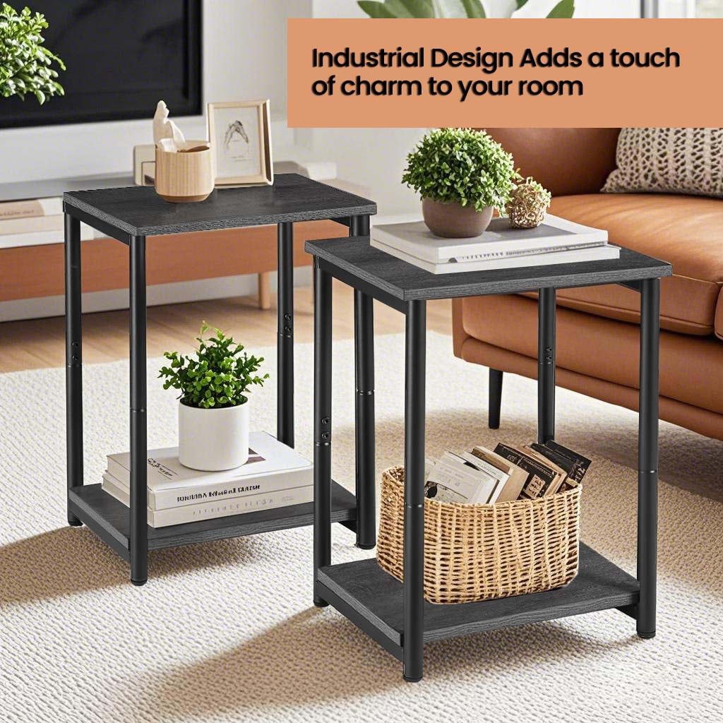 LEDREM Industrial 2-Pack Accent End Tables, Sturdy Steel Frame & Particleboard, Easy assembly, Adjustable Feet Slim Side Table, Gray and Black