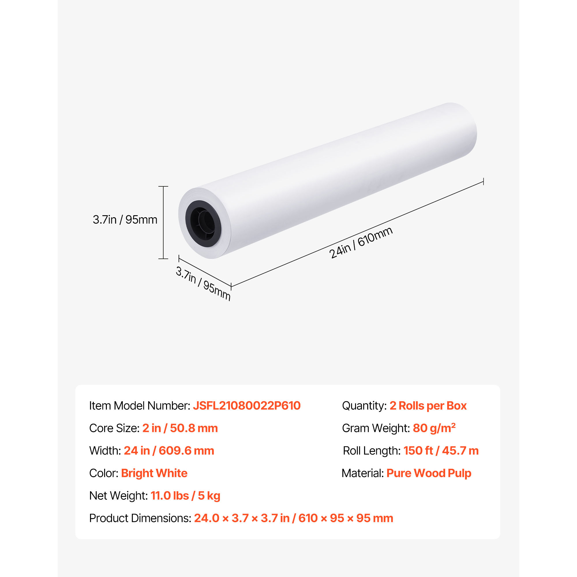 KFFKFF 24 in x 150 ft Wide Format Plotter Paper, 20 LB (80 g/m²) CAD Bond Rolls, 2-Pack with 2 in Core