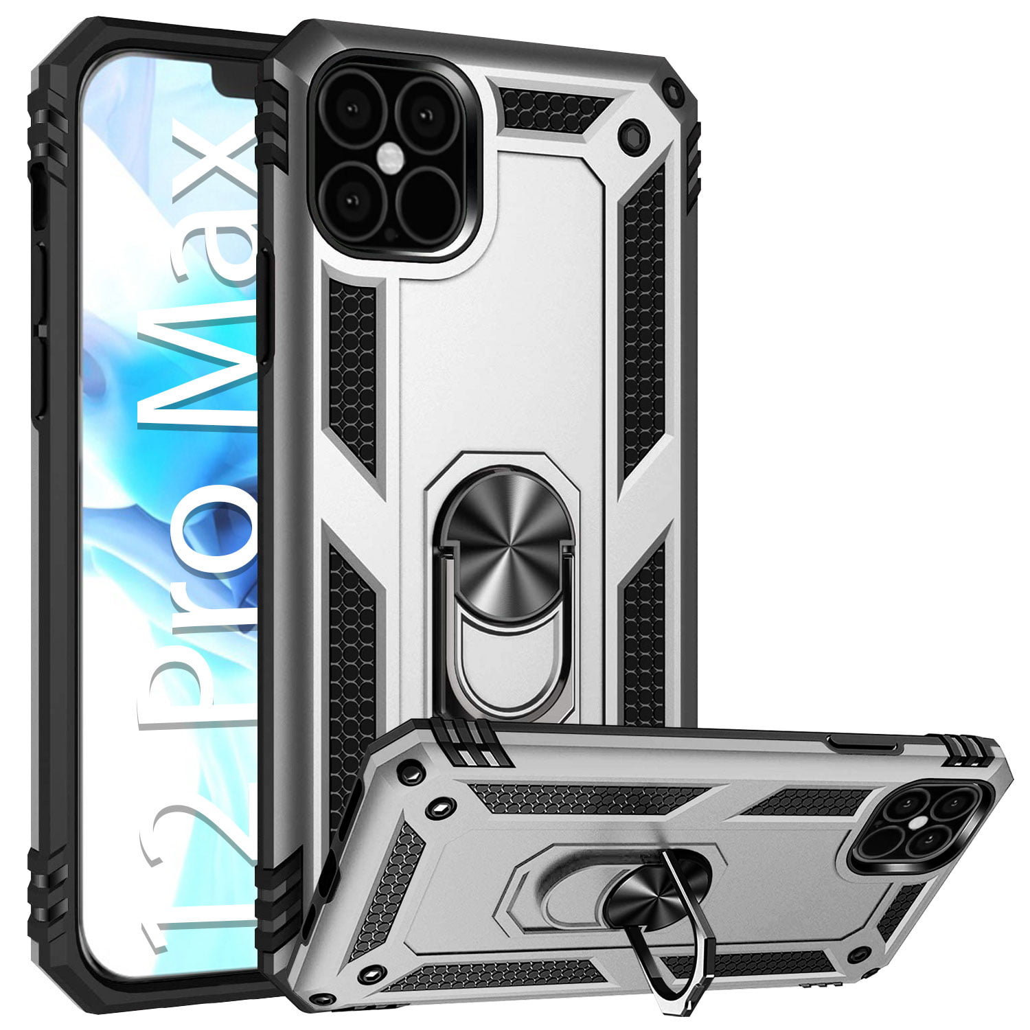 Cellet Heavy Duty Iphone 12 Pro Max Combo Case Shockproof Case With Built In Ring Kickstand And Magnet For Car Mounts Compatible To Apple Iphone 12 Pro Max Silver Walmart Com Walmart Com