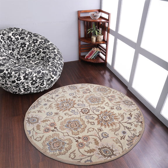 Rugsotic Carpets Hand Tufted Wool Eco-Friendly 8'x8' Area Rugs Round Cream Floral Modern High Pile Thick Handmade Anti Skid Indoor Rug for Living Room, Bedroom K00714