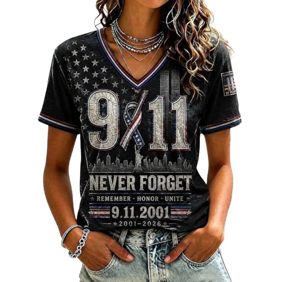 9/11 25th Anniversary Memorial T-Shirt Patriot Day Memorial Tops for Women 9/11 25th Anniversary Tshirt We Will Never Forget Short Sleeve Tee