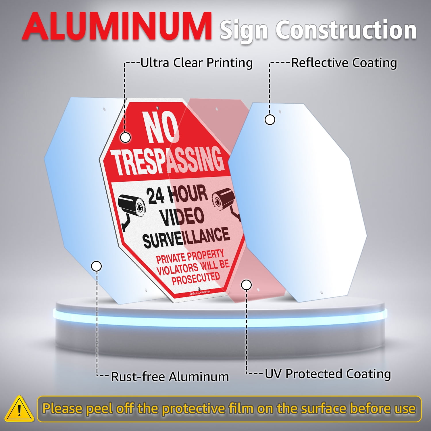 Faittoo No Trespassing Signs Private Property with 42" Stake for Outside, 10"x10" Video Surveillance Sign, Rust Free Reflective Aluminum
