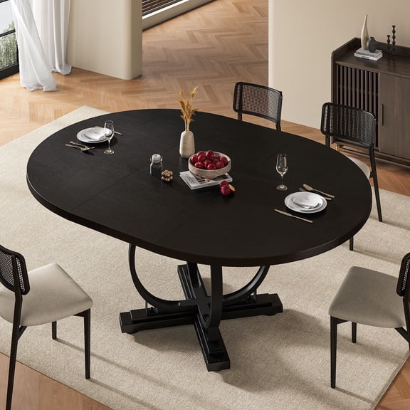 Einhomn 59”Extendable Round Dining Table for 4-8 ,Dining Room Table with X-Shaped Heavy Duty Metal Base,Thickened MDF Board,Modern Kitchen Dining Table,Space Saving,Black