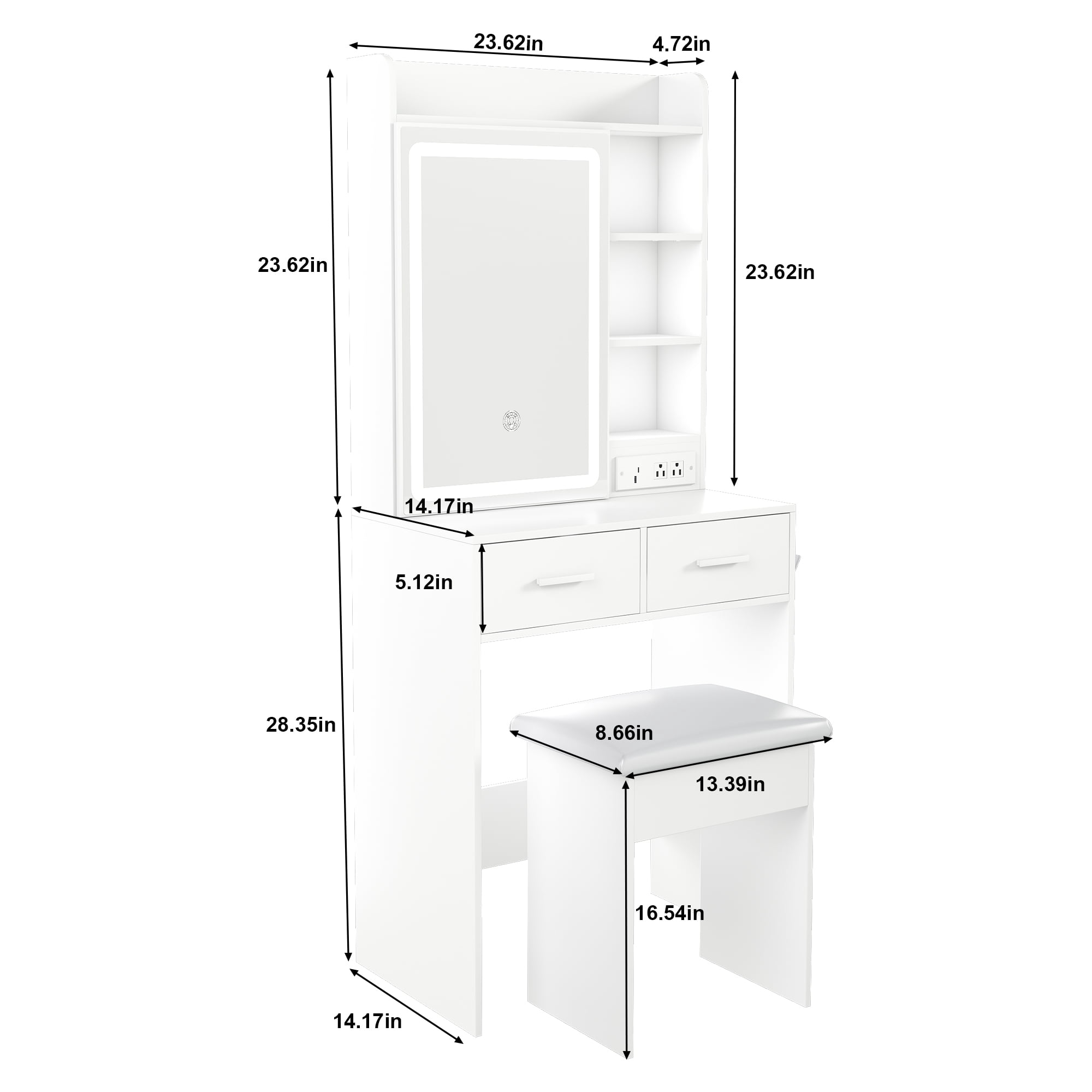 Alvantor Makeup Vanity Desk Set with Mirror & Lights, Built-in Power Outlet & Hidden Storage, White Vanity for Small Bedrooms