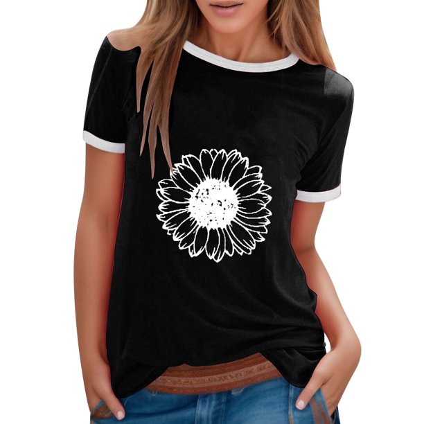 Gibobby Playera de Manga Corta con Cuello Redondo Blusa informal manga corta con cuello redondo para mujer, camiseta con estampado girasol Color(Negro,CH)