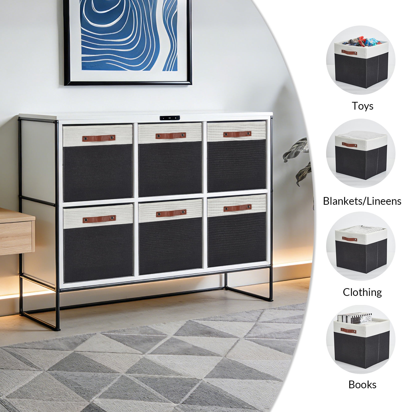 DSstyles Adult Stackable 6-Compartment Closet Organizer Box Set with Leather Handles, White & Black, 6 Count, 6 Pack