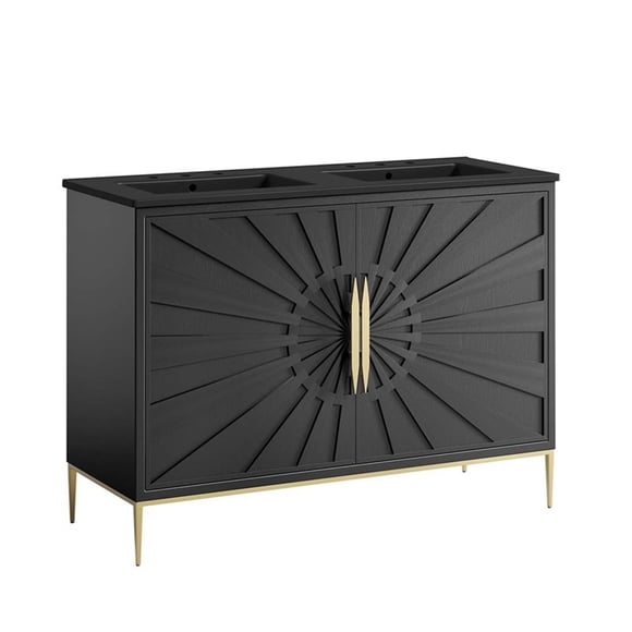 Pemberly Row 48" Solid Wood and MDF Double Sink Bathroom Vanity in Black