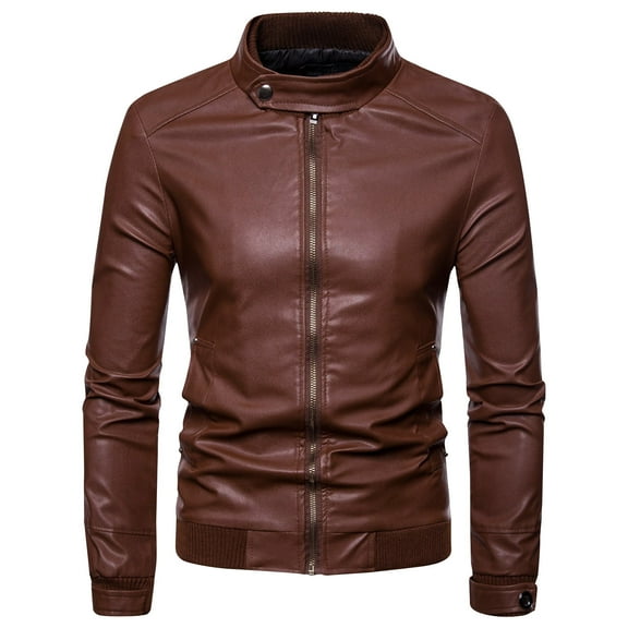HOOMEUMY Mens Leather Jackets Classic Solid Coat Stand Collar Jacket Slim Fit Design Casual Workout Long Sleeve Clothes Fashion 2025 Trendy Brown XL