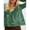 thumbnail image 4 of Women Tie Front Long Sleeve Top Lace Trim Button Shirt Square Neck Loose Blouse Going Out Y2k Clothes Dark Green L, 4 of 5
