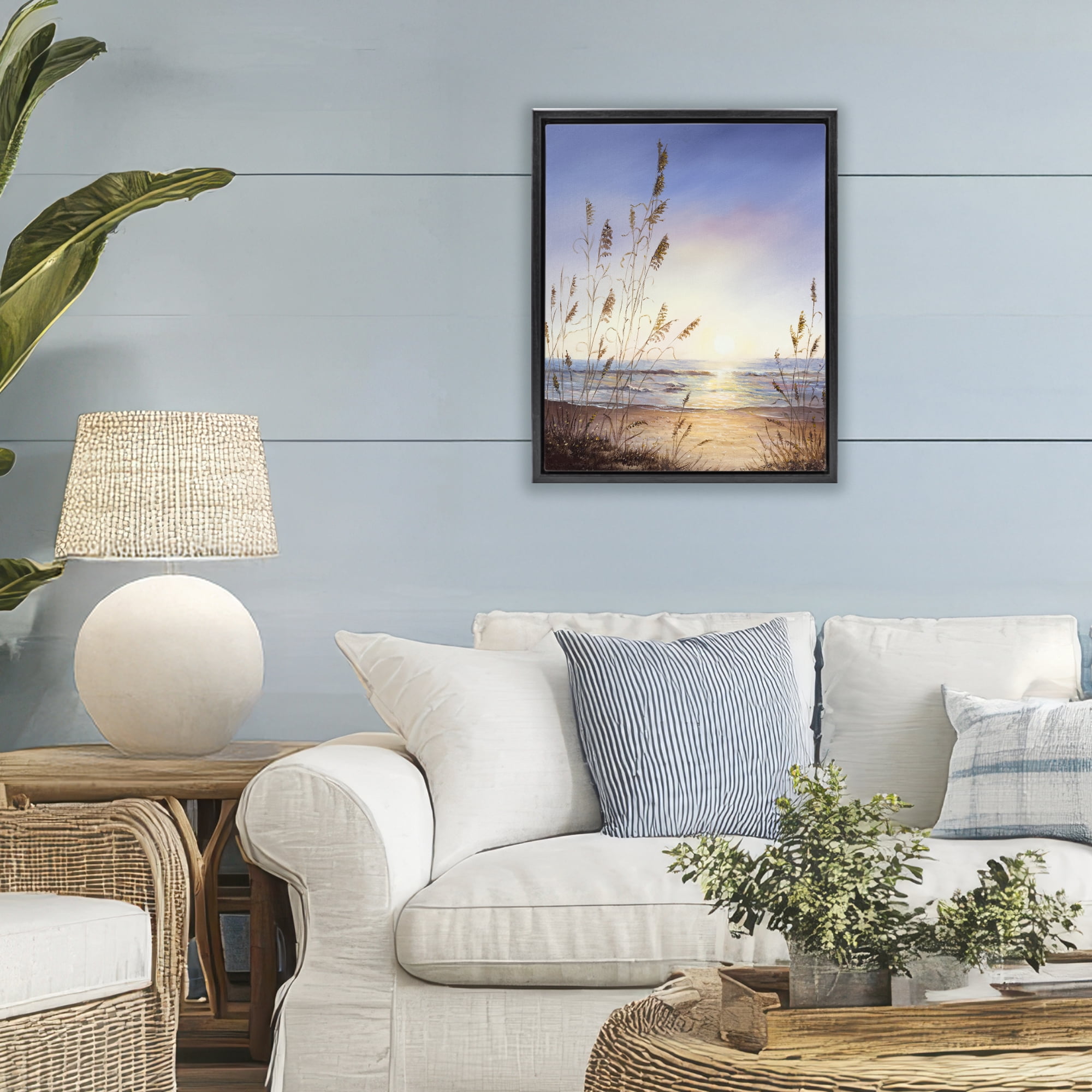 Seascape with Sunlit Grasses Black Framed Floater Canvas Wall Art, design by Michelle Faber