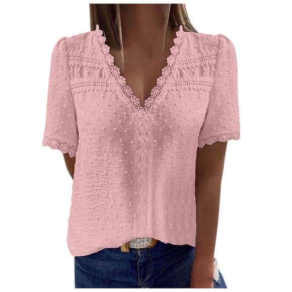 HBFAGFB Tops for Women Trendy Summer Short Sleeve T Shirts V Neck Business Work Clothes Pink Size M