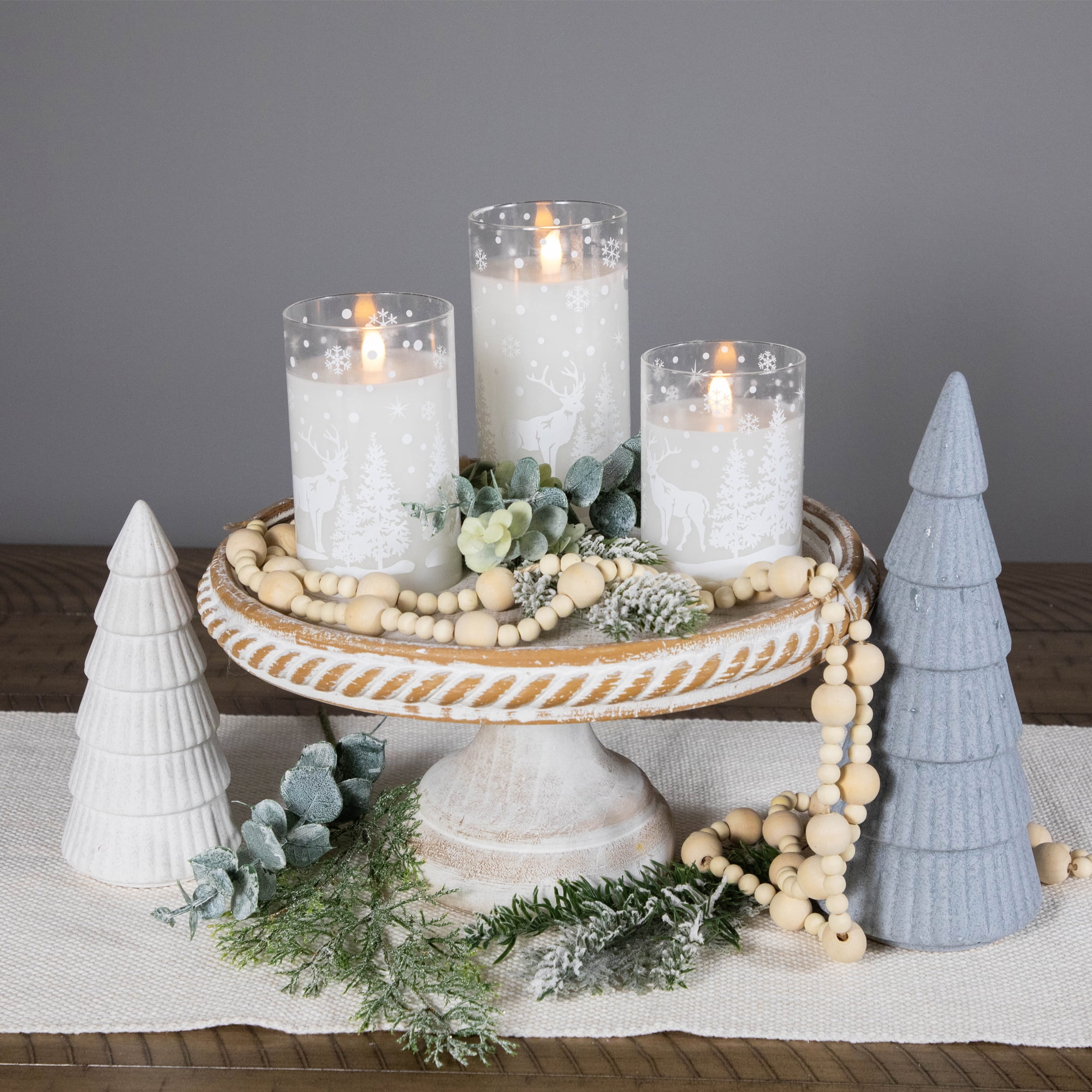 Northlight LED Flameless Flickering Snowy Woodland Glass Christmas Pillar Candles - 6" - Set of 3