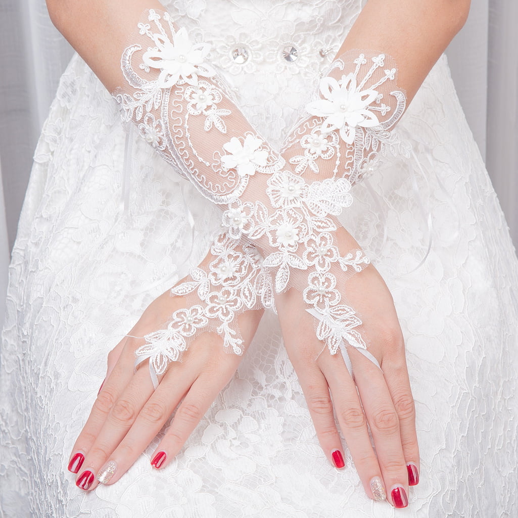 Satin FINGERLESS LONG Bridal/Wedding/Prom GLOVE,pearls 