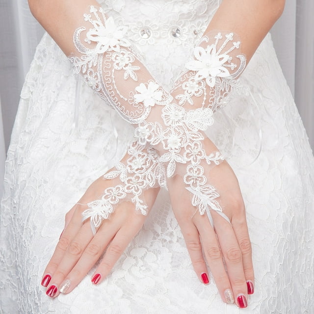 Gants de Mariée de Mariage de Perles de Fleurs en Dentelle pour Femmes et Filles