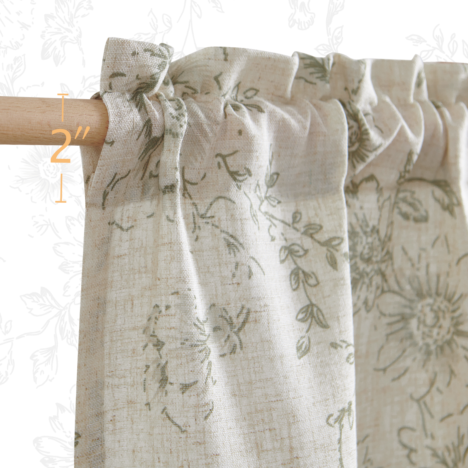 Curtainking Floral Kitchen Curtains Linen Cafe Curtains Sage Flower 26x36 inch Length Curtains for Living Room 2 Panels