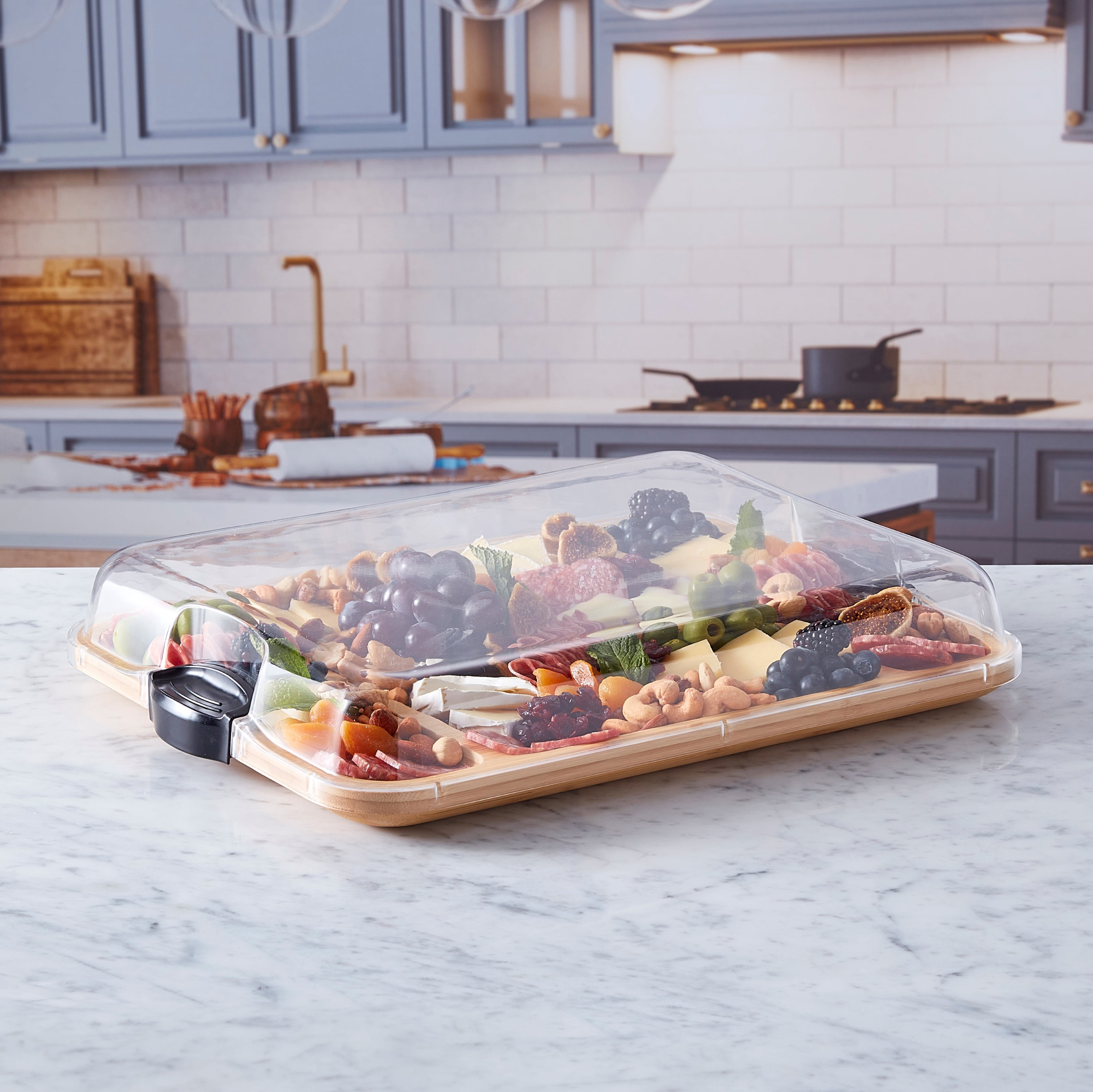 Farberware Build-a-Board 12x16-Inch Bamboo Charcuterie and Snack Board with 3 Compartments and Clear Locking Lid