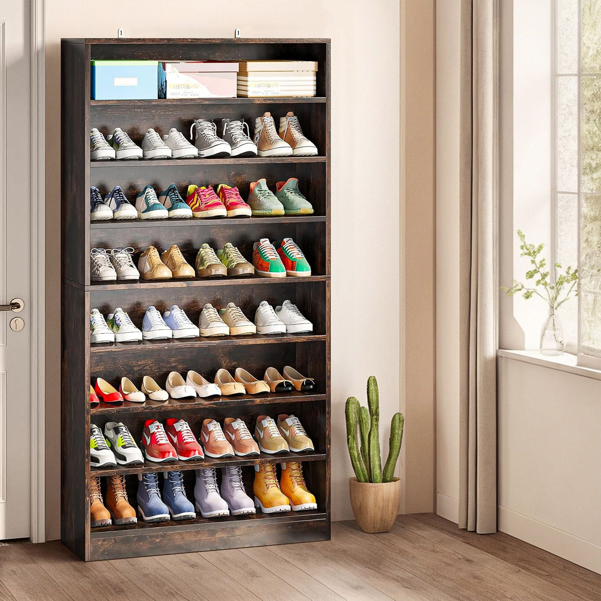 Demi Bonn Wooden Shoe Rack 9-Tier Shoe Storage Organizer Entryway Shoe Shelf, 40-45 Pairs Freestanding Shoe Cabinet, Rustic Brown