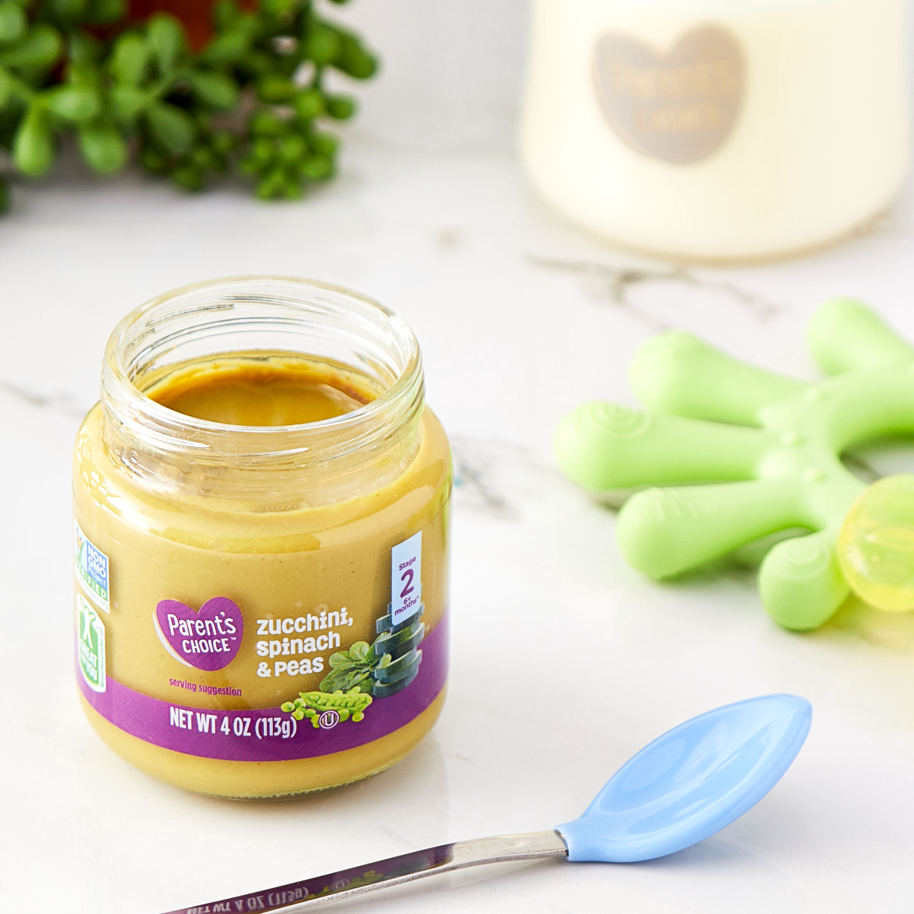 Parents Choice Zucchini Spinach & Pea Baby Food Stage 2, 4oz Glass Jar