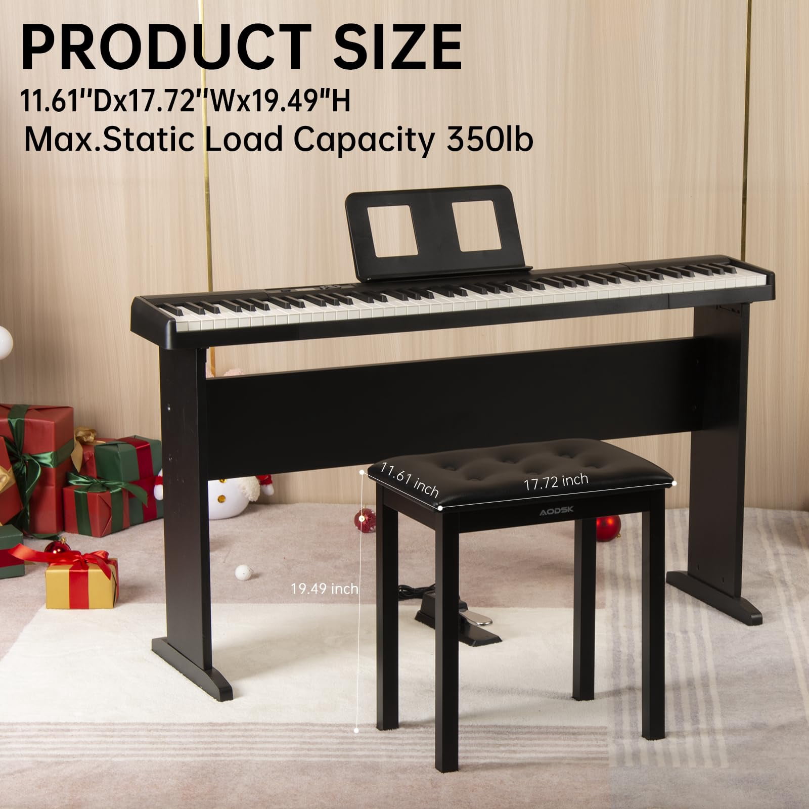 AODSK Piano Bench, PU Leather Padded Keyboard Stool, Sturdy Iron Leg Comfortable Piano Chair, 17.72×11.61×19.49 Inch, Black