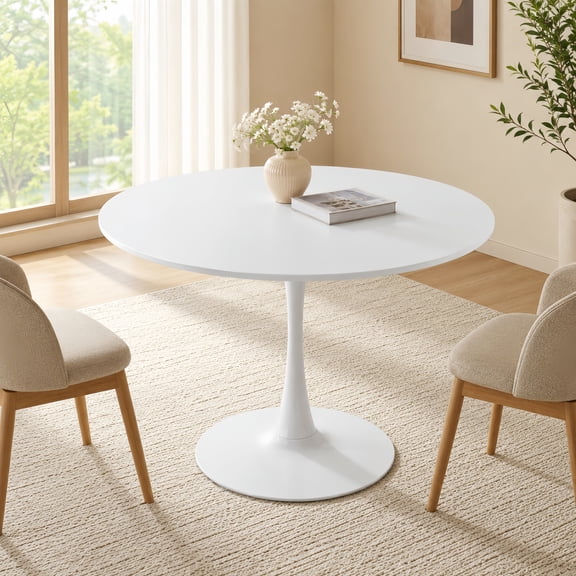 Atumcto 42.1" Round White Tulip Dining Table for 4-6, Mid-Century Modern Round Wooden Table with Pedestal Base, Table Only